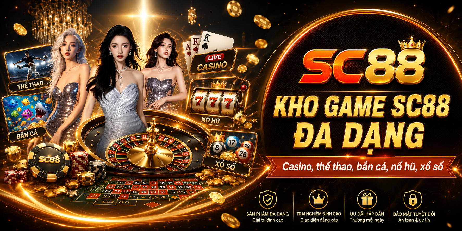 Kho game SC88 đa dạng với casino, thể thao, bắn cá, nổ hũ, xổ số và đá gà